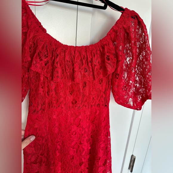 Zara Red Lace Midi Dress Button Down Size M Off-shoulder A Line Dress - Picture 14 of 15